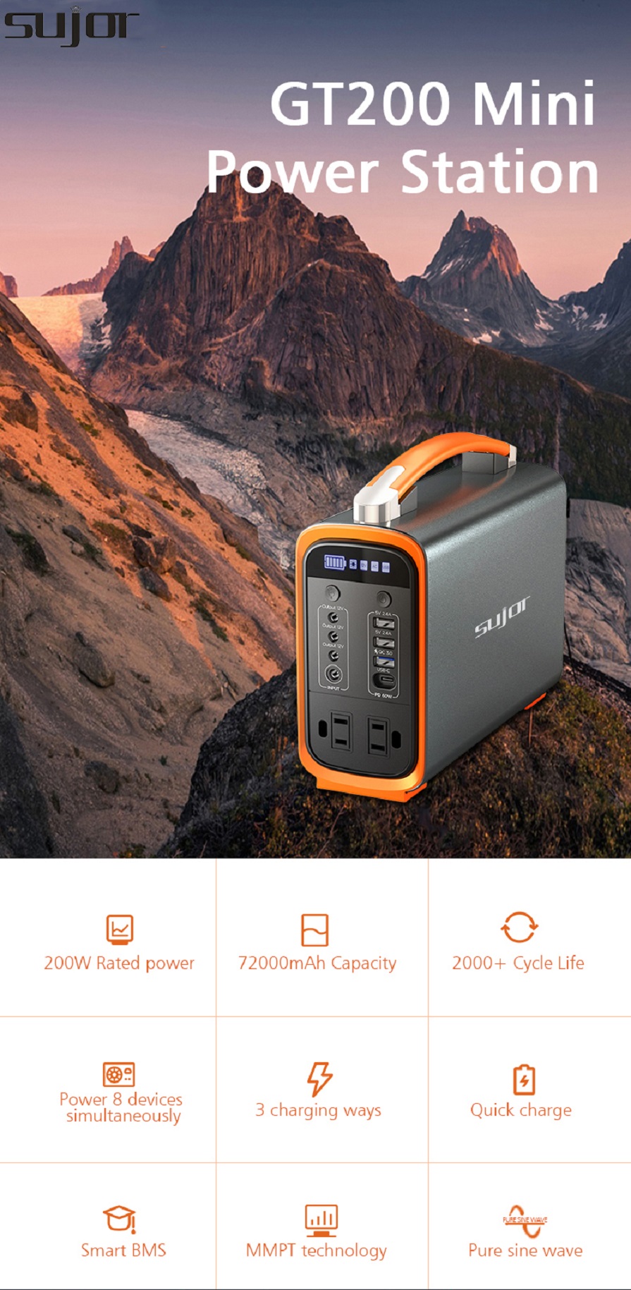 SUJOR Portable Power Station 200W GT200 Outdoor Camping PD quick charge with LED light
