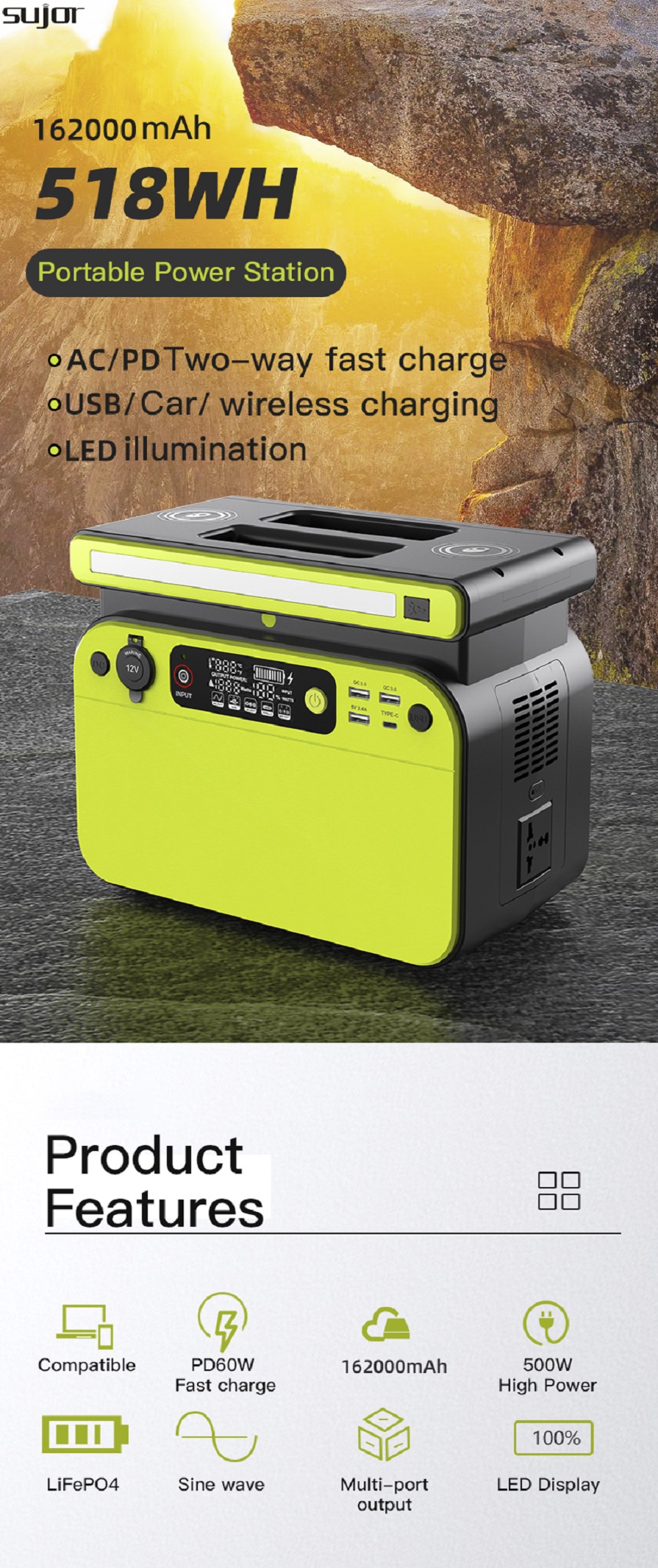 SUJOR Portable power station GT500 518W 110 240V Off Grid Portable Solar Power Generator with solar panel