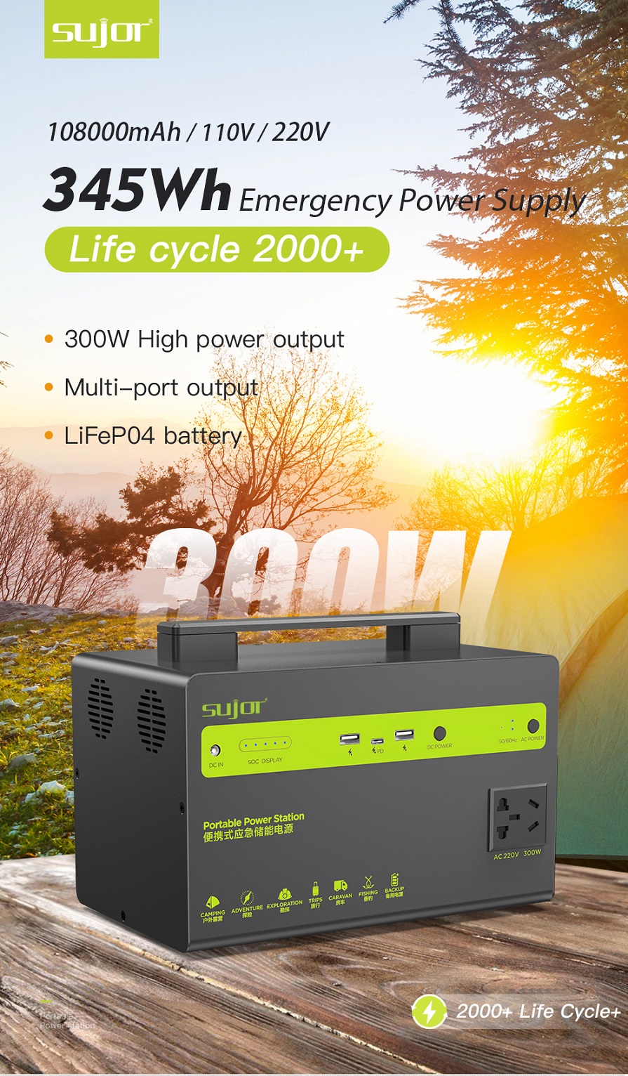 SUJOR 300w Solar Generator BT300 Camping Lithium Battery Emergency Home Backup Power Portable Power Station