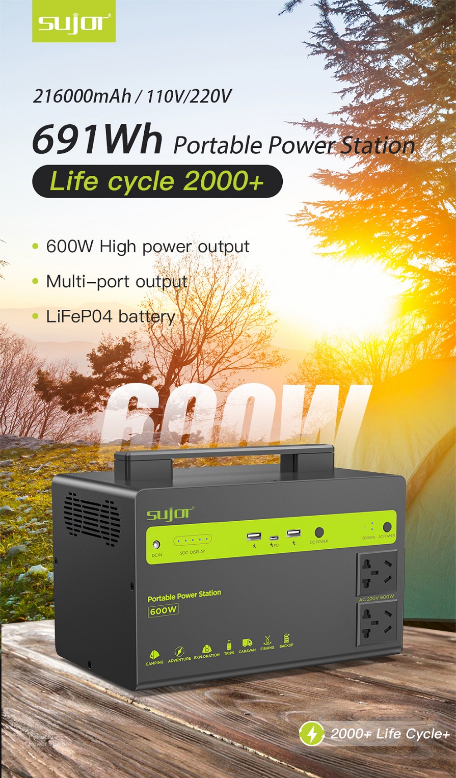 SUJOR Portable Power Station 600W BT600 Portable Power Supply Solar Generator